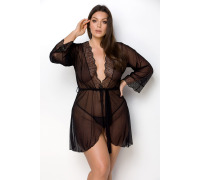 Пеньюар Passion Amberly Peignoir 4XL/5XL black, ажурні декольте та манжети, широкі рукави