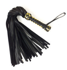 Черный флоггер классический с золотой рукоятью, натуральная кожа, 50 хвостов, по 50см, рукоятка 20см