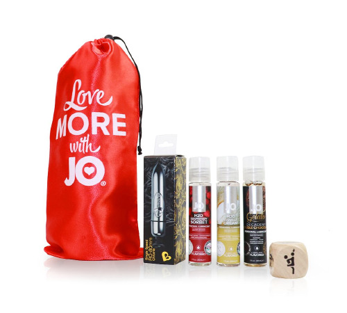 Набор для двоих «Малиновый рай»: 3 вкусовые смазки System JO, вибропуля, кубик с позами для секса