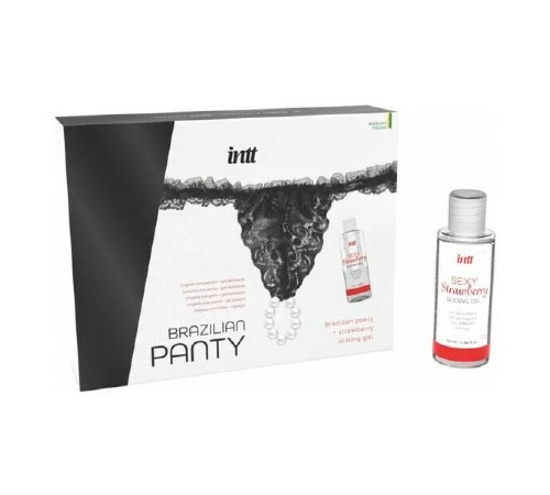 Набор Intt BRAZILIAN PANTY BLACK: трусики на завязках S-XL с жемчужным кольцом + клубничная смазка