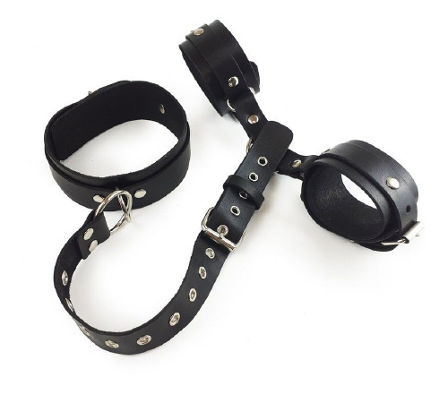 Фиксаторы для шеи и рук Art of Sex - Bondage Set из натуральной кожи, цвет черный