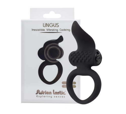 Ерекційне віброкільце Adrien Lastic Lingus Black з язичком і щіточкою для стимуляції клітора