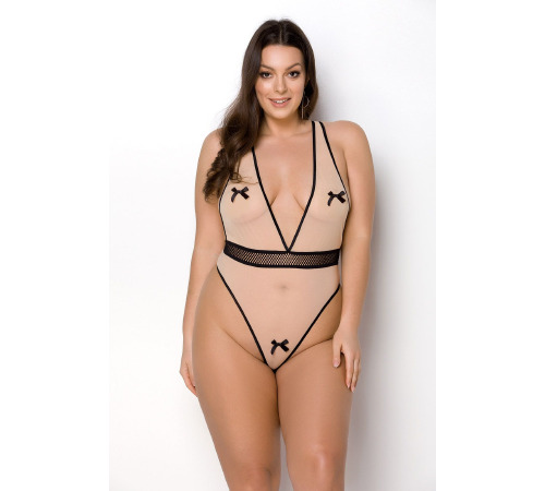 Боди Passion Viena Body 4XL/5XL beige, контрастное, бантики, вставка-сетка, открытые ягодицы