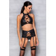 Комплект з еко-шкіри з імітацією шнурівки: топ, трусики, пояс для панчох Nancy Set black L/XL