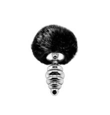 Металлическая анальная пробка Кроличий хвостик Alive Fluffy Twist Plug M Black, диаметр 3,4 см