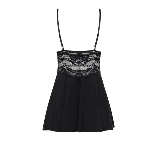 Сатиновый пеньюар с кружевом Obsessive 810-BAB-1 babydoll & thong S/M, черный, пеньюар, танга