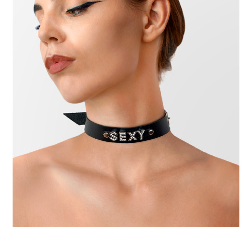 Ошейник из натуральной кожи с надписью SEXY, Черный