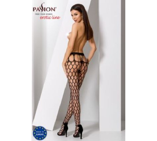 Эротические колготки-бодистокинг Passion S021 black, в крупную сетку с высоким пояском