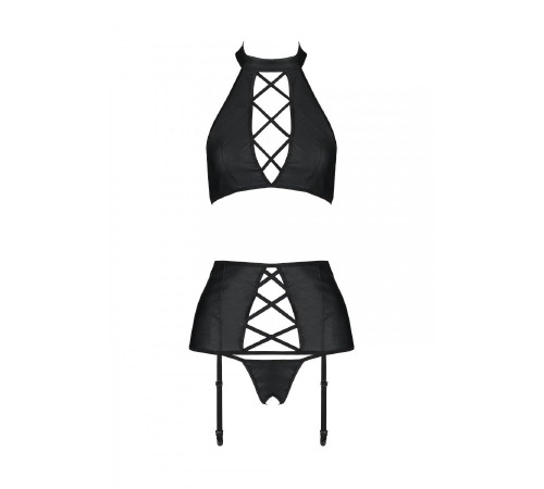 Комплект з еко-шкіри з імітацією шнурівки: топ, трусики, пояс для панчох Nancy Set black L/XL