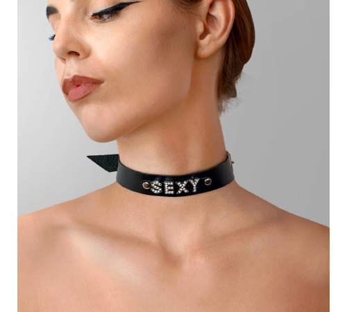 Ошейник из натуральной кожи с надписью SEXY, Черный