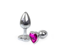 Металева анальна пробка Серце М з Темно-рожевим кристалом, довжина 8см, діаметр 3,4см
