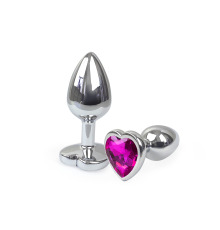 Металева анальна пробка Серце М з Темно-рожевим кристалом, довжина 8см, діаметр 3,4см