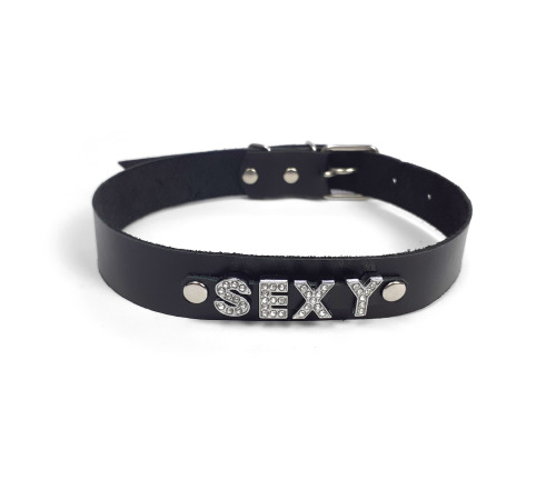 Ошейник из натуральной кожи с надписью SEXY, Черный