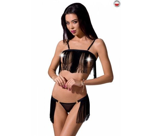Комплект білизни KASSANDRA SET OpenBra black L/XL - Passion Exclusive: ліф з бахромою, трусики-спідниця