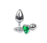 Металлическая анальная пробка Сердце S с Темно зеленым кристаллом , длина 7см, диаметр 2,8см
