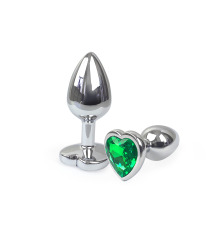 Металева анальна пробка Серце S з Темно-зеленим кристалом, довжина 7см, діаметр 2,8см