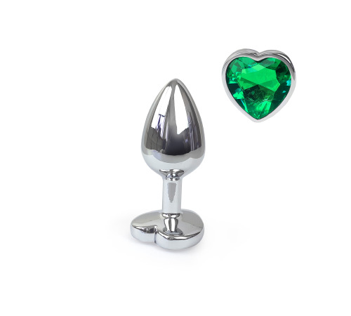 Металева анальна пробка Серце S з Темно-зеленим кристалом, довжина 7см, діаметр 2,8см