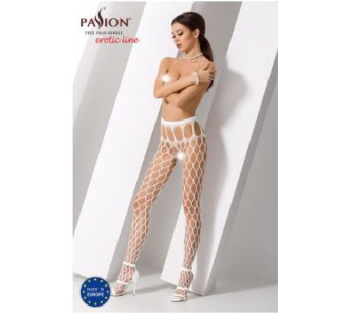 Эротические колготки-бодистокинг Passion S021 white, в крупную сетку с высоким пояском