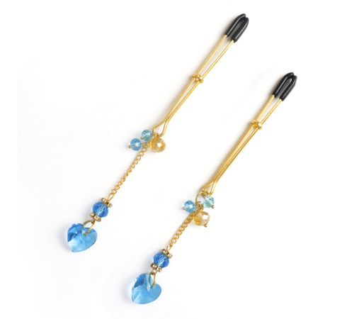 Зажимы для сосков Art of Sex - Crystal Heart Blue, золото