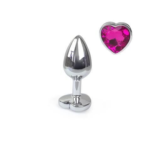 Металева анальна пробка Серце М з Темно-рожевим кристалом, довжина 8см, діаметр 3,4см