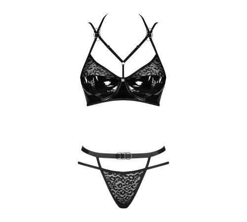 Еротичний комплект під латекс із стрепами Obsessive Bagirela 2-pcs set L/XL, чорний, під леопард,