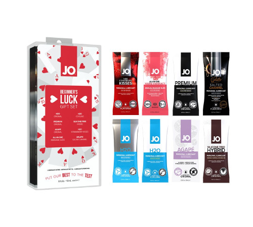 Набор из 8 видов смазок System JO Beginner’s Luck по 10 мл на водной, силиконовой и гибридной основе