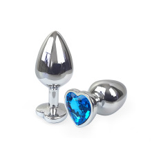 Металева анальна пробка Серце М з Блакитним кристалом, довжина 8см, діаметр 3,4см