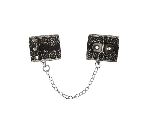 Широкие наручники с блестками и цепью Obsessive A747 cuffs, черно-серебряные