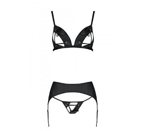 Комплект з еко-шкіри Passion Miley Set black XXL/XXXL: трусики, бюстгальтер, пояс для панчох