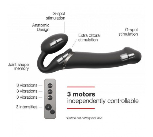 Безремневой страпон с вибрацией Strap-On-Me Vibrating Black M, диаметр 3,3см, пульт ДУ, регулируемый