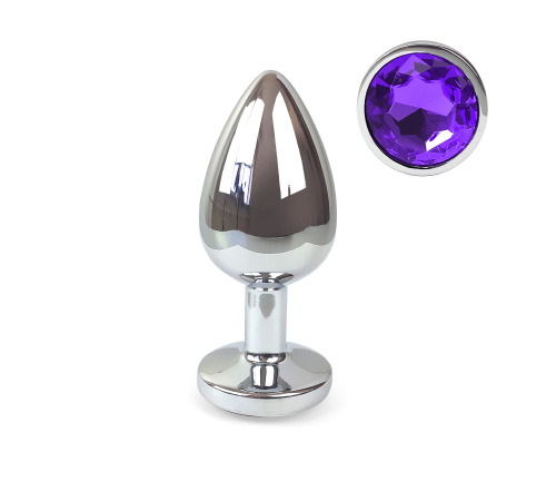 Металлическая анальная пробка L с Темно фиолетовым кристаллом , длина 9см, диаметр 4см