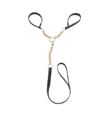 Наручники с поводком Indiscrets MAZE - T-Restraints Black, экокожа, подарочная упаковка