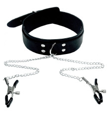 Ошейник с зажимами для сосков на цепочке Экокожа