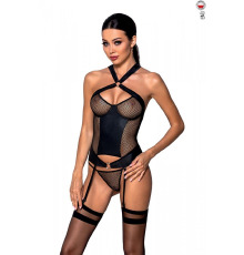Сетчатый комплект корсет с халтером, съемные подвязки и трусики Amanda Corset black L/XL - Passion