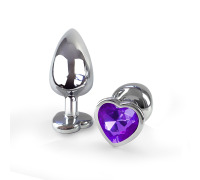 Металева анальна пробка Серце М з Бузковим кристалом, довжина 8см, діаметр 3,4см