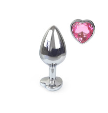 Металева анальна пробка Серце М зі Світло рожевим кристалом, довжина 8см, діаметр 3,4см