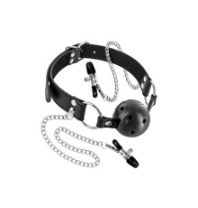Воздухопроницаемый кляп с зажимами для сосков Fetish Tentation Rigid Gag Ball with Nipple Clamps