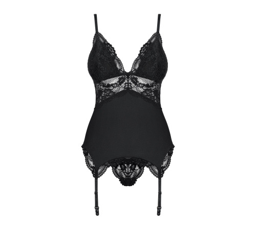 Сатиновий мереживний корсет Obsessive 810-COR-1 babydoll & thong S/M, чорний, корсет, танга