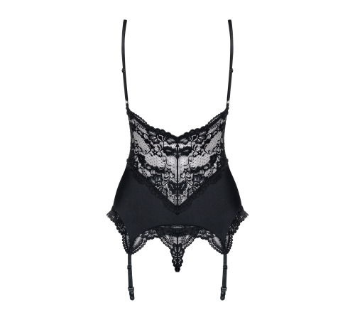 Сатиновий мереживний корсет Obsessive 810-COR-1 babydoll & thong S/M, чорний, корсет, танга