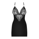 Сатиновый комплект для сна с кружевом Obsessive 828-CHE-1 chemise & thong S/M, черный, сорочка, стри