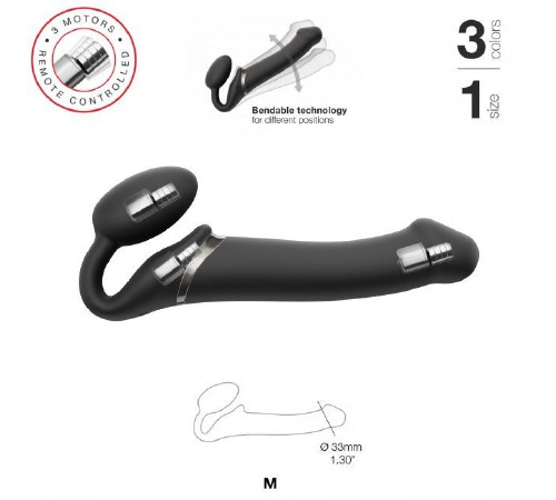 Безремневой страпон с вибрацией Strap-On-Me Vibrating Black M, диаметр 3,3см, пульт ДУ, регулируемый