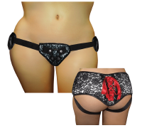 Трусы для страпона Sportsheets - SizePlus Grey&Black Lace Corsette, широкий пояс, бант, кружево