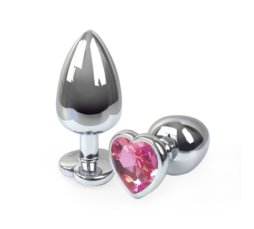 Металева анальна пробка Серце L зі Світло рожевим кристалом, довжина 9см, діаметр 4см