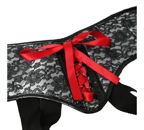 Трусы для страпона Sportsheets - SizePlus Grey&Black Lace Corsette, широкий пояс, бант, кружево