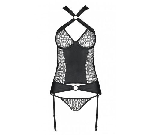 Сетчатый комплект корсет с халтером, съемные подвязки и трусики Amanda Corset black L/XL - Passion