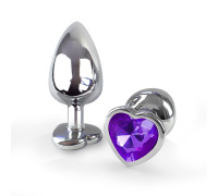 Металева анальна пробка Серце L з Бузковим кристалом, довжина 9см, діаметр 4см