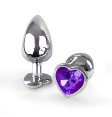 Металева анальна пробка Серце L з Бузковим кристалом, довжина 9см, діаметр 4см