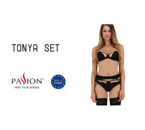 Комплект білизни TONYA SET black S/M - Passion Exclusive: трусики, ліф, пояс для панчох