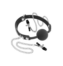 Кляп с силиконовым шариком и зажимами для сосков Fetish Tentation Gag Ball with Nipple Clamps