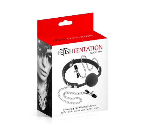 Кляп с силиконовым шариком и зажимами для сосков Fetish Tentation Gag Ball with Nipple Clamps